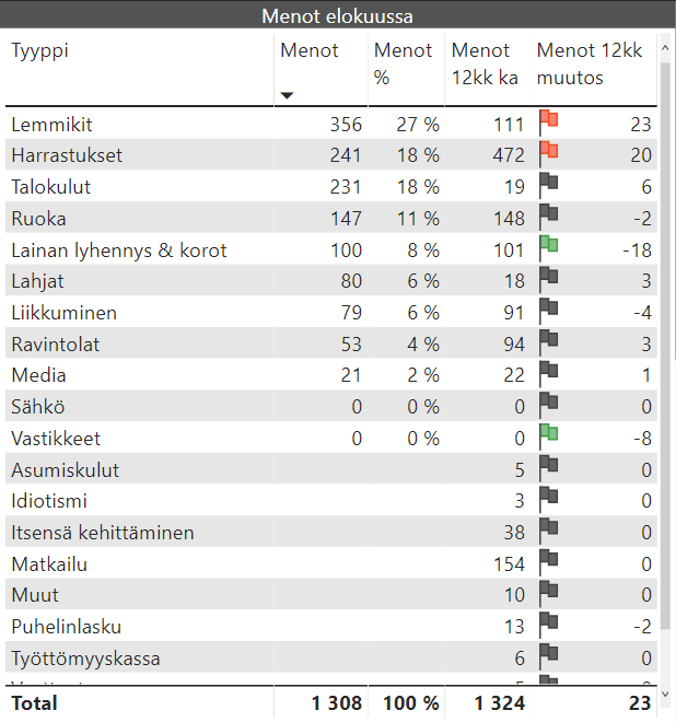 kuukausikatsaus menot 2019 08